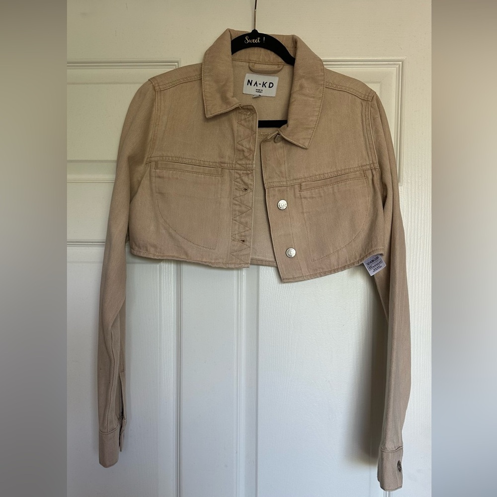 Tan Cropped Jean Jacket with Contrast Stitching